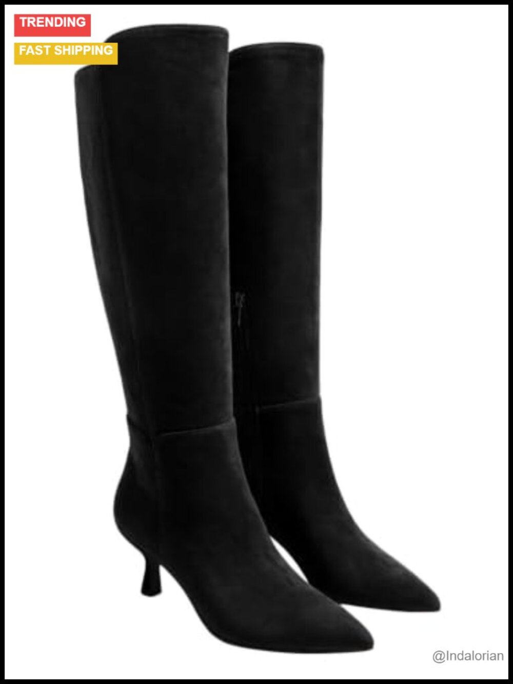 Kitten Heel Pointed Toe Knee High Dress Boots Faux Suede Zip Tall